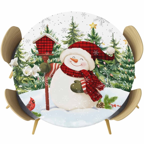 Green Red Snowman Christmas Table Cloth, Round Fitted Tablecloths with Elastic Edge, Xmas Tree Snowflake Winter Wipeable Waterproof Table Cover for Kitchen Wedding 45-54 Inches