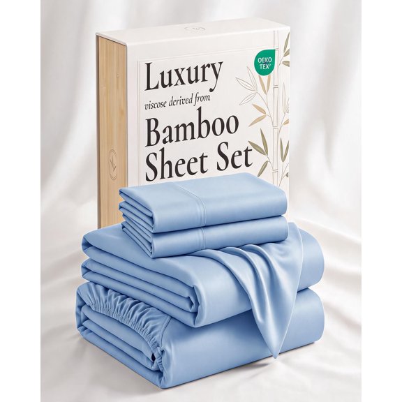 4 Piece Queen Bed Sheet Set 100% Viscose from Bamboo Light Blue