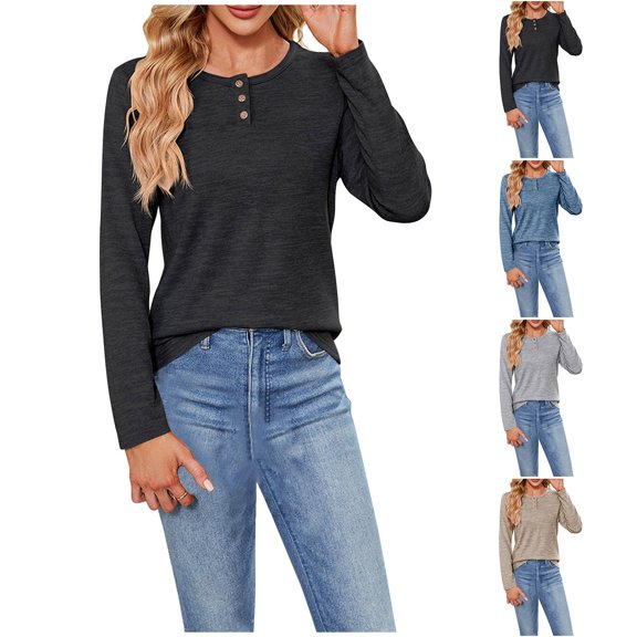 Aboser Cotton T Shirts for Women Long Sleeve Henley Shirt Dressy Casual Button Up Tops Comfy Moisture Wicking Layers Solid Color Crewneck Blouses