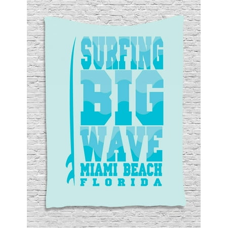 Florida Tapestry, Surfing Big Wave Miami Beach Calligraphy Text with an Upright Surfboard, Wall Hanging for Bedroom Living Room Dorm Decor, 40W X 60L Inches, Baby Blue Sky Blue, by