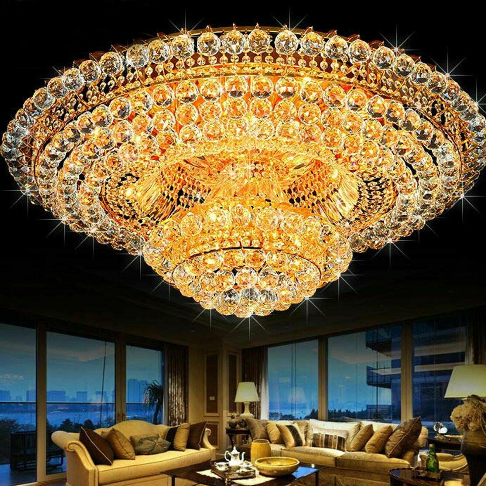60cm K9 Crystal Chandelier Ceiling Lights Lamp Bedroom Flush Mount Lighting Gold 
