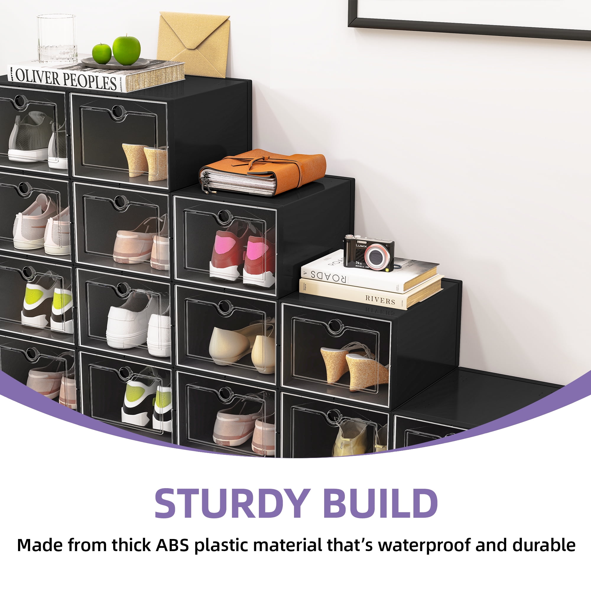 Uforic 24 PCS  Shoe Storage Box, Stackable Plastic Shoe Organizer Box,for Entryway Hallway, Black