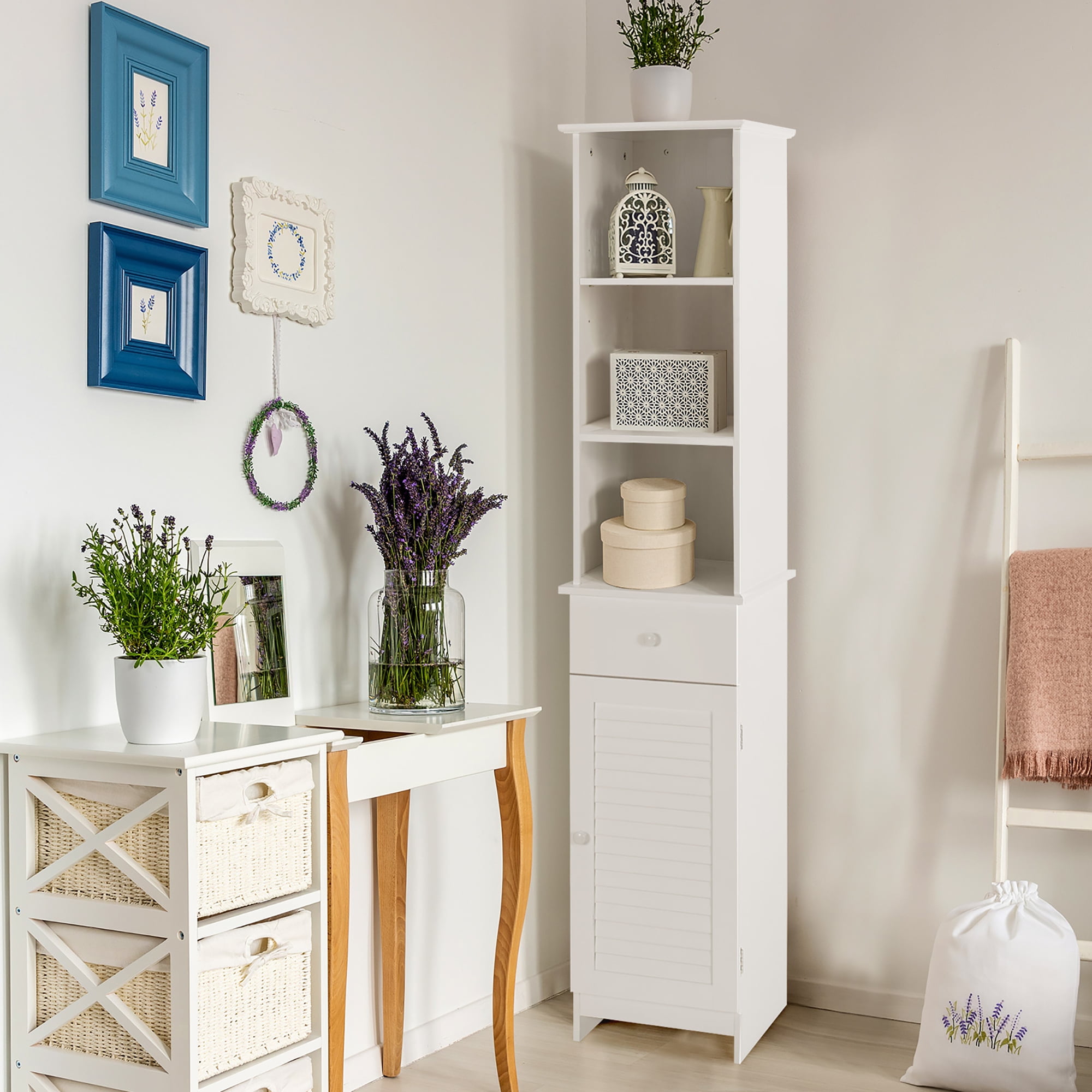 Costway Bathroom Tall Storage Cabinet Freestanding Linen Tower w/ Open Shelves & Drawer