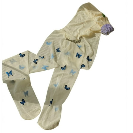 

YEUHTLL Women Blue Butterfly Print Pantyhose Ultra-Thin Lolita Silky Sheer Tights Socks