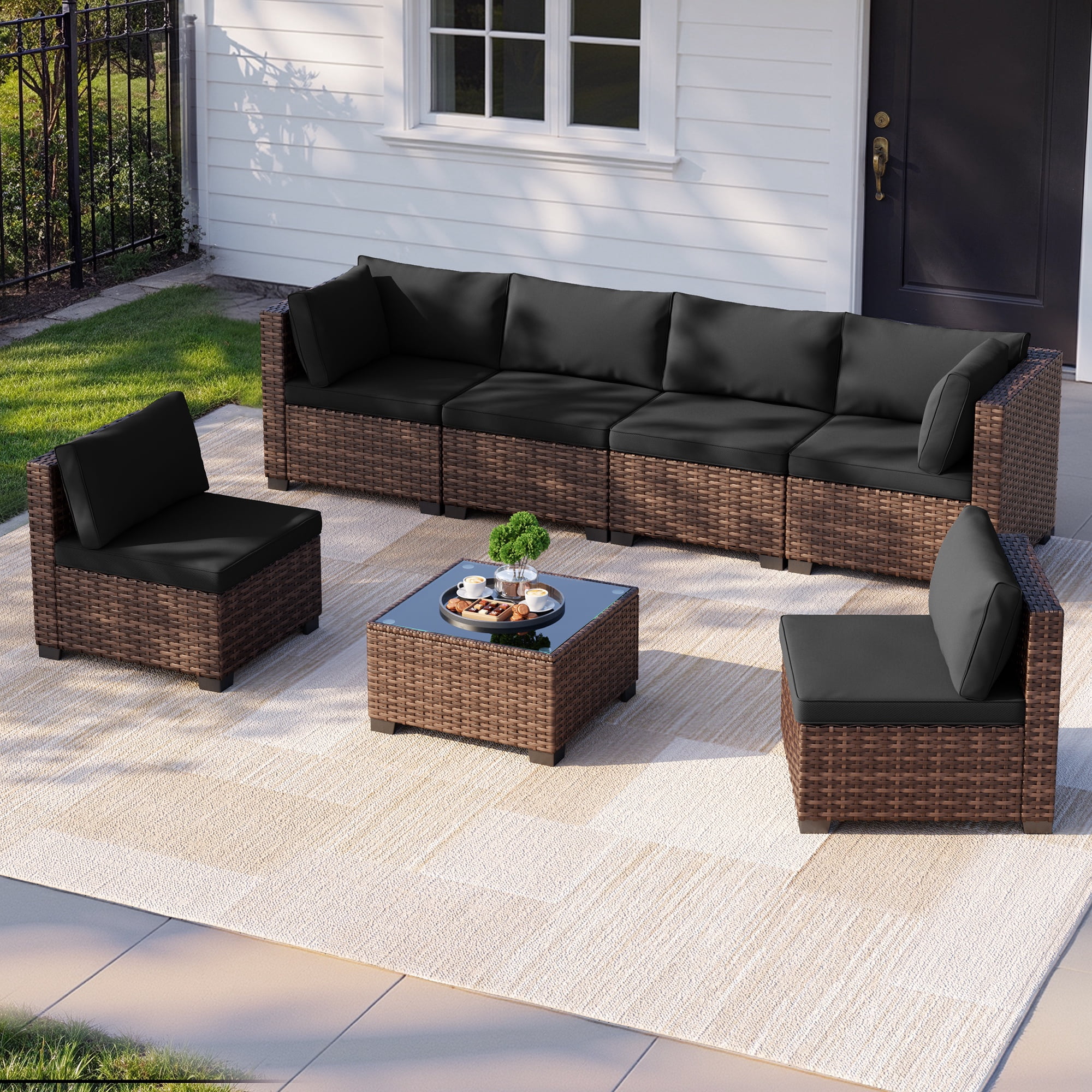 Noelse 7 Pieces Outdoor Patio Furniture Set, Wicker Sectional Sofa Set Sectional Conversation Sets with Cushions and Coffee Table for Garden, Balcony, Porch, Black