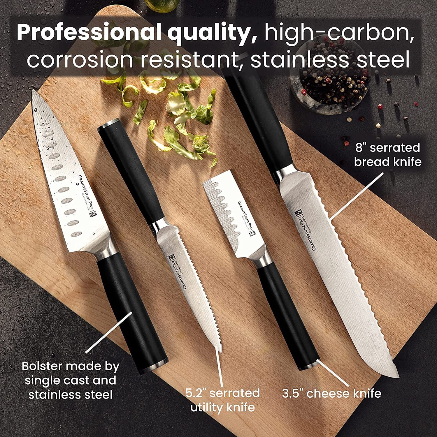 Granitestone Pro Black Knife Set 15 Piece with Block Premier Chef Knife Set with Block