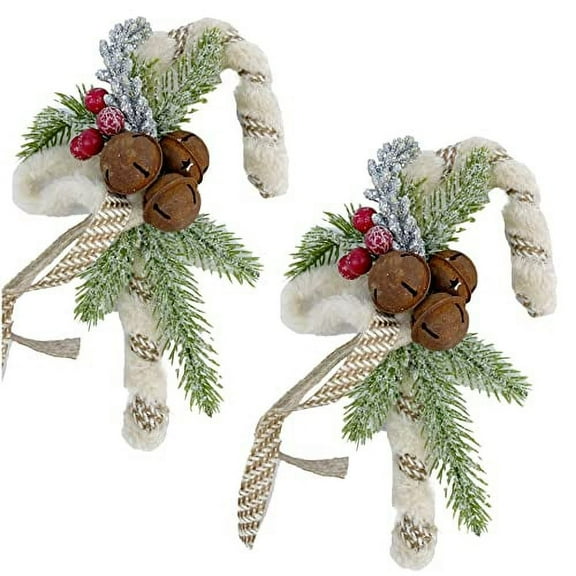 Burlap and Faux Fur Candy Cane Ornaments - Set of 2 Christmas Tree Decorations