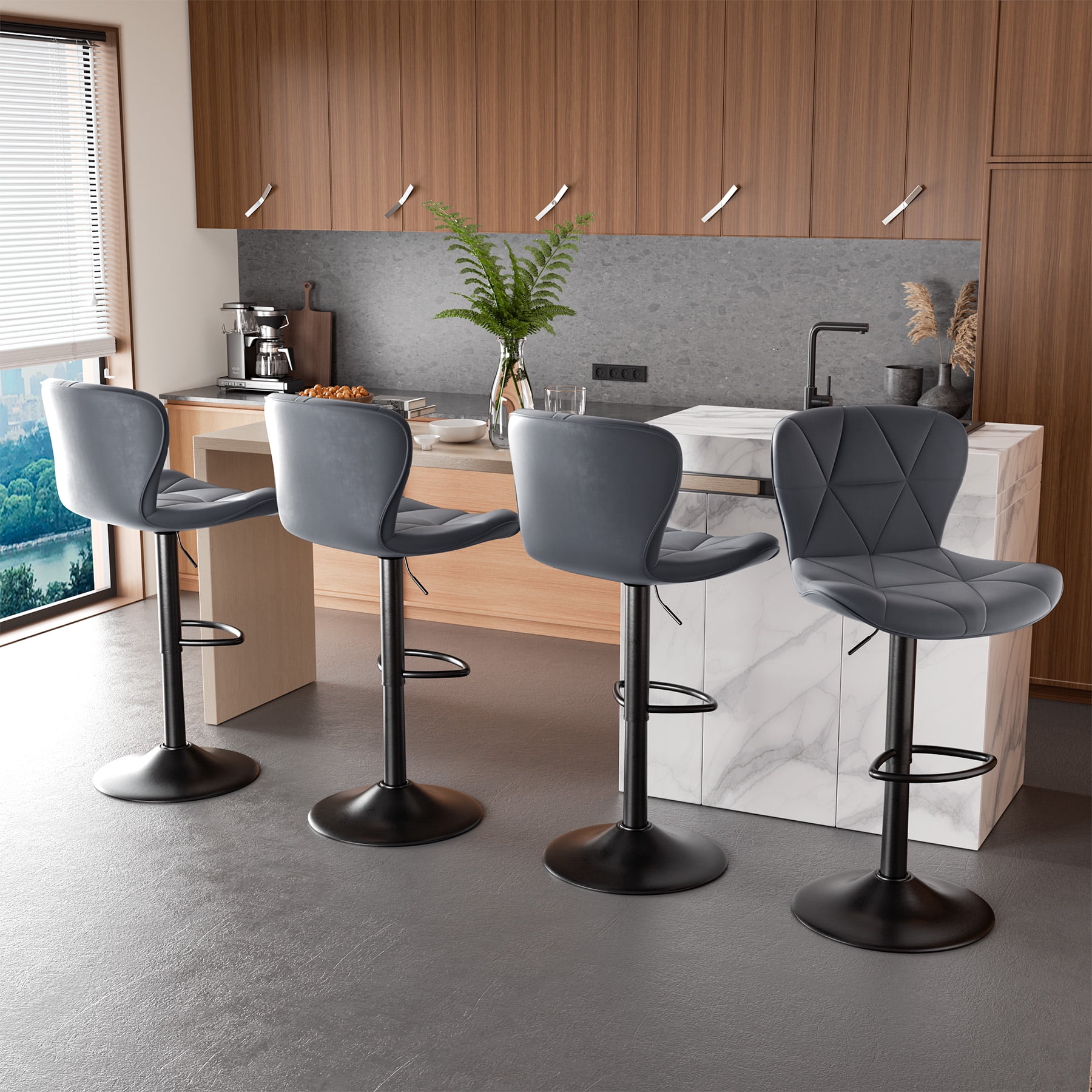 Hawsaiy Modern Bar Stools Set of 1, Adjustable Faux Leather Upholstered Swivel Bar Stools, Counter Height Bar Chairs with Back for Kitchen Island, Dark Gray