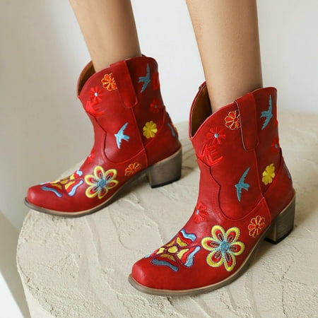 

Ankle Boots Women Ankle Boots Pointed Toe Vintage Flower Embroidered Women Boots Party Dance Short Western Boots