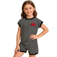 thumbnail image 2 of LIIPEE Girls Outfit Sets Casual Summer Striped Printed Short Sleeve Crew Neck Bow Decoration T Shirt Elastic Waist Shorts 2 Piece Set Kids Comfortable Breathable Cute Clothing,Black,5-6 Years, 2 of 3