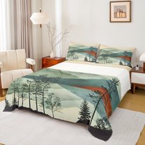 jejeloiu Tropical Botanical Pine Twin Sheet Sets,Natural Mountain Tree Twin Fitted Sheet,Beige Teal Green Flat Sheet For Men Women,Microfiber Bedroom Decor,3pcs