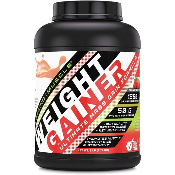 Amazing Muscle -Whey Protein Gainer 50 G Supplement | 1250 Calories per Serving | Strawberry Flavor | 6 LB (2.72 Kg ) | Made in USA