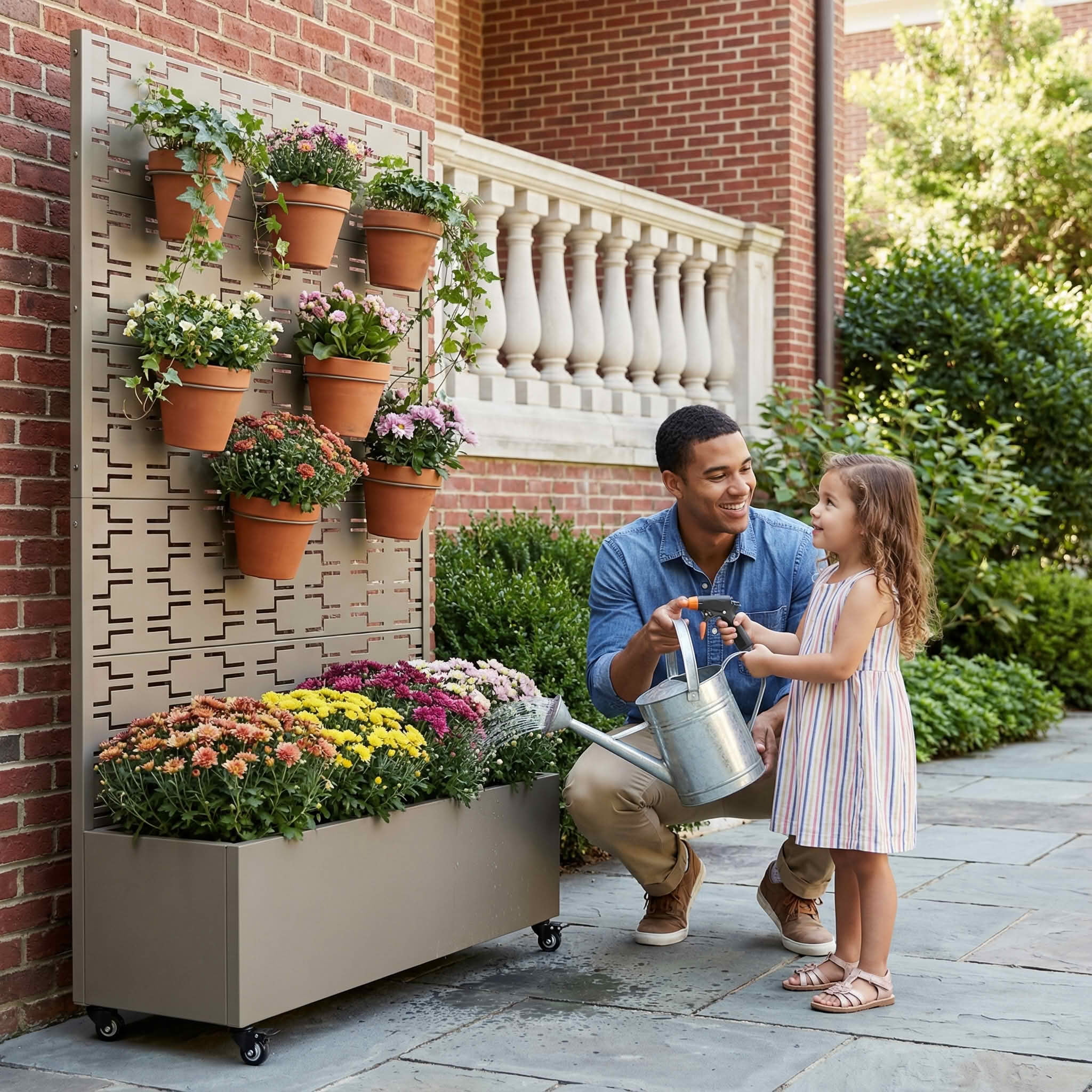MAYEERTY 72X47" Metal Outdoor Olive Gray Privacy Screen with Planter Box for Backyard & Garden, 5 Piece Set