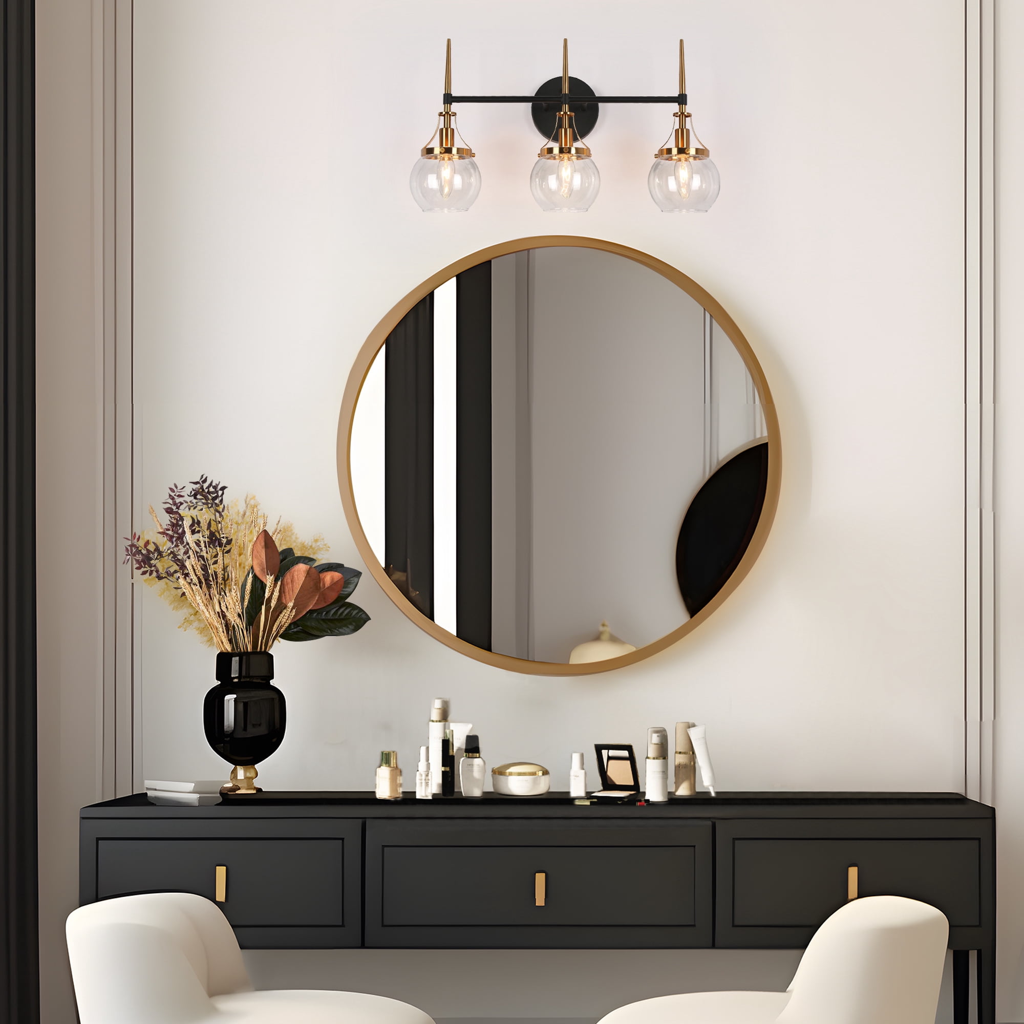LNC Modern 3-Light Black and Gold Vanity Light with Globe Glass, 22-Inch Bathroom Fixture