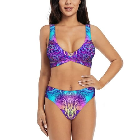 Zeuib Elephant in Tribal Style High Waisted Tummy Control Bikini Set - Knot Front Push Up Top & Cheeky Thong Bottom  Two-Piece Swimsuit for Women-X-Large