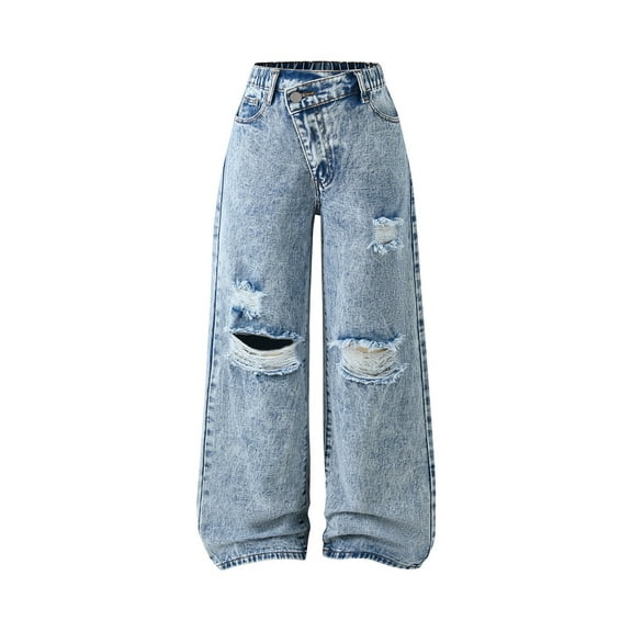 XQYLOS Girls Wide Leg Jeans High Waisted Ripped Distressed Denim Pants, Baggy 𝖸𝟤𝗄 Streetwear Trousers for Summer, Trendy Casual Fashion 6-14 Years, Elastic Comfort Fit Denim Pants
