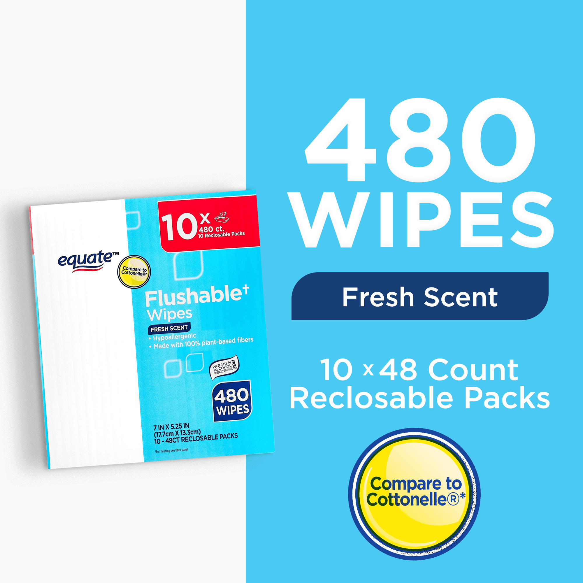 (3 pack) Equate Flushable Wet Wipes, Fresh Scent, 480 Wipes, 10 Pack