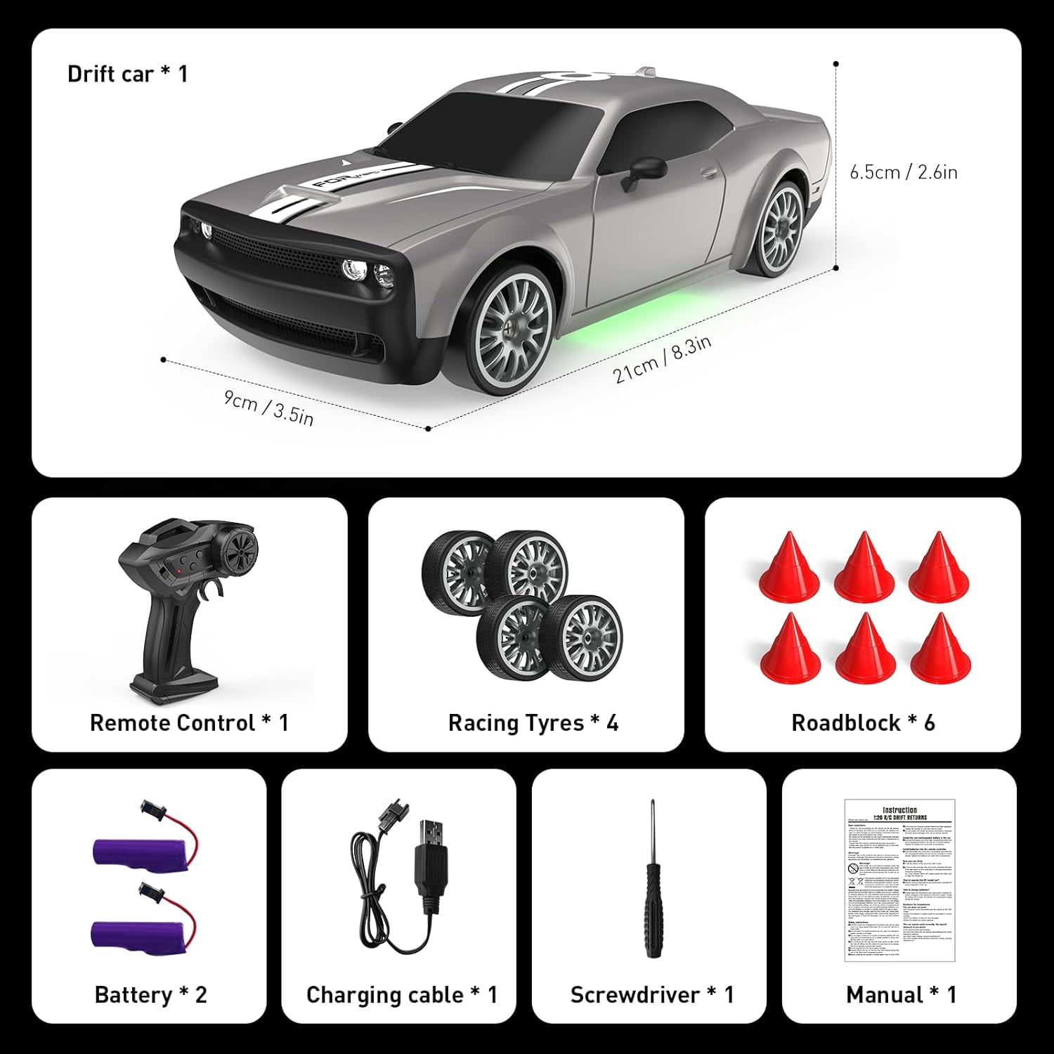 RC Drift Car 2.4GHz 1:20 Scale 4WD 20KM/H High Speed Drifting Tire, LED Lights, 2 Rechargeable Batteries