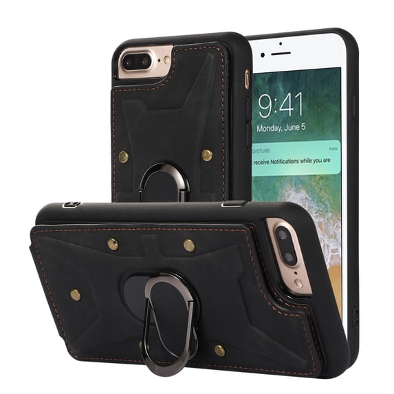 ELEHOLD for iPhone 8 Plus/7 Plus Leather Wallet Case,with Card Slots Holders Ring Stand Magnetic Buckle Kickstand Function Shockproof Purse Case, Black