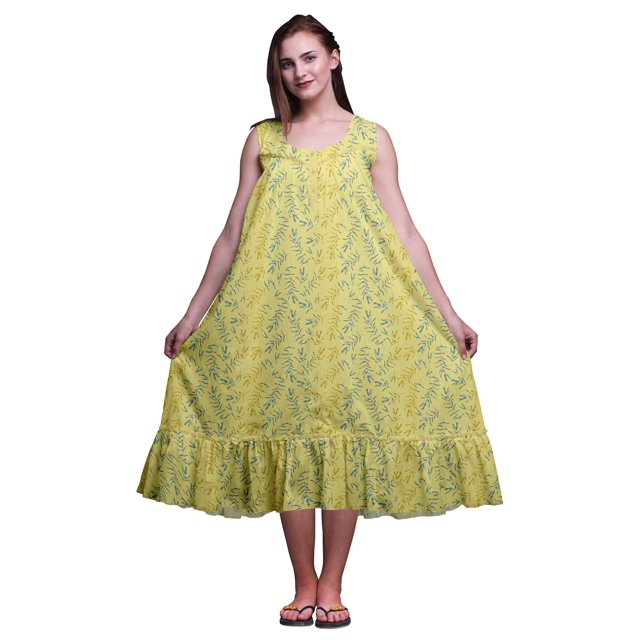 Bimba Chemises de Nuit en Coton Jaune Moyen à 2 Feuilles et Fleurs Imprimées pour Femmes, Robe Sans Manches, Tenue de Nuit, Robe Maxi X-Small