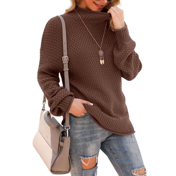Asklazy Women's Turtleneck Oversized Sweaters Batwing Long Sleeve Pullover Loose Chunky Knit Jumper,Brown,S-2XL