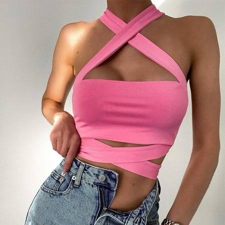 Savings up to 60% Off! SHOPESSA Fashion Sexy Womens Halter Bandage Solid Slimming Top Short Ladies Camis Vest on Clearance Faves for Less Great Gifts for Less Early Access Deals
