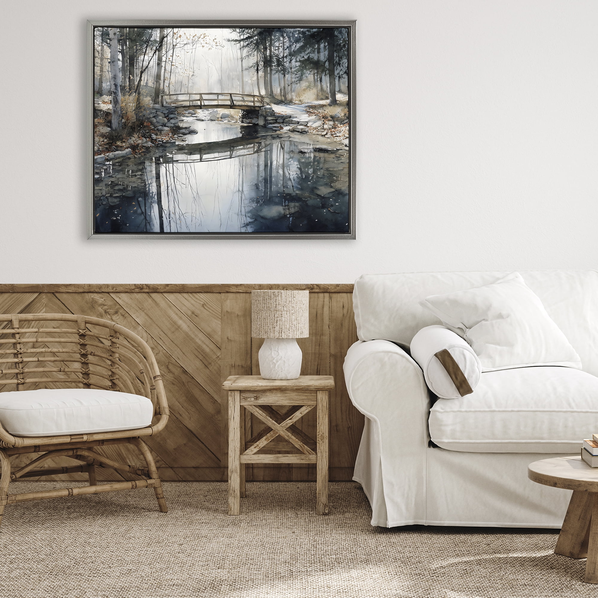 Stupell Industries Stone Bridge over Stream Gray Framed Floater Canvas Wall Art, design by Franklyn Gregory