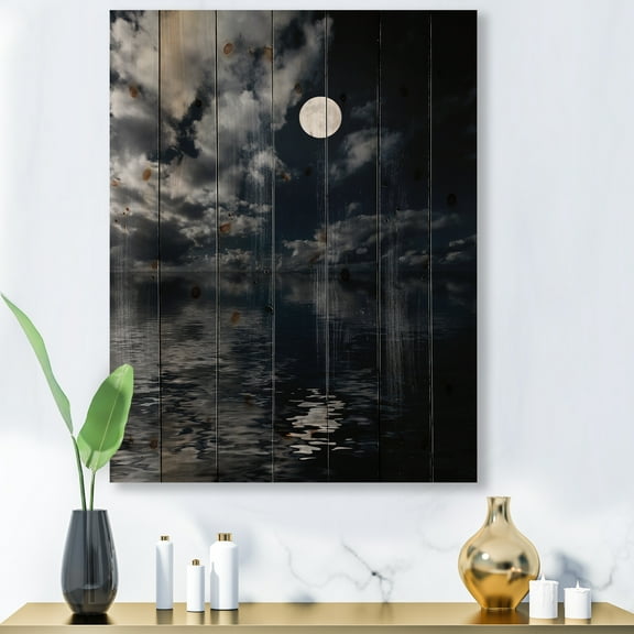 Designart 'Full Moon Night in Cloudy Sky IV' Nautical & Coastal Print on Natural Pine Wood