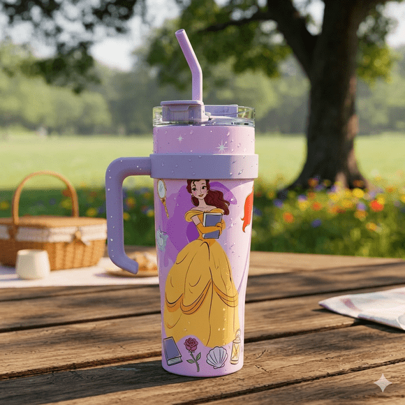 Termo Acero Inoxidable 1.2L Princesas con Popote y Asa