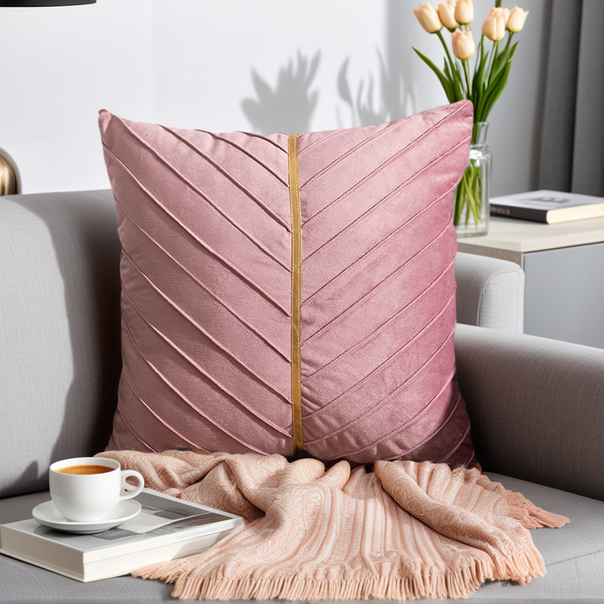 Unique Bargains Velvet Throw Pillow Cover with Gold Striped Cushion Pink 18" x 18"