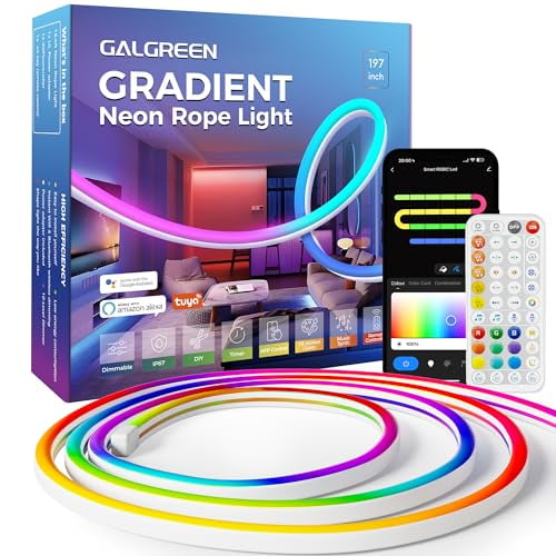 Galgreen RGB IC Neon Rope Lights, 16.4ft WiFi Gradient LED Strip Lights with Remote, Music Sync, Waterproof Flexible Smart Led Lights for Bedroom, Works with Alexa, Indoor Outdoor Christmas Decor