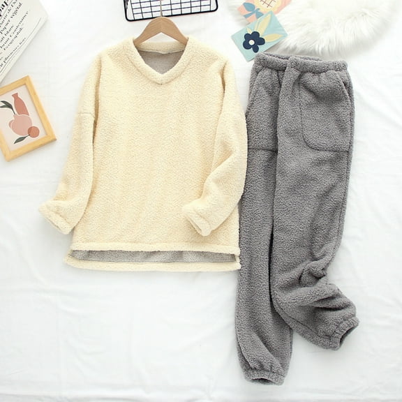 Mifsaly Fleece Pajama Sets for Women 2 Piece Lounge Pjs Fuzzy Thick Warm Homewear Winter Matching Outfits V-Neck Long Sleeve Loose Sleepwear Nightwear Soft Cozy High Waist Pants with Pockets