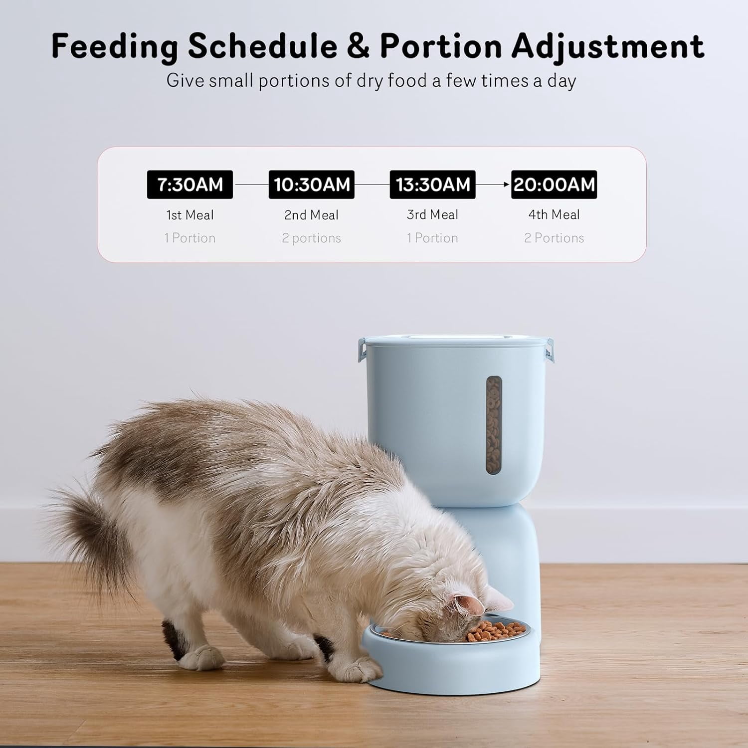 Automatic Cat Feeder and Water Dispenser FW1, Programmable Pet Food Dispenser with Wire or Battery Power, 4 Meals Daily, Portion Control, 10s Voice Recorder, Locking Lid, Blue
