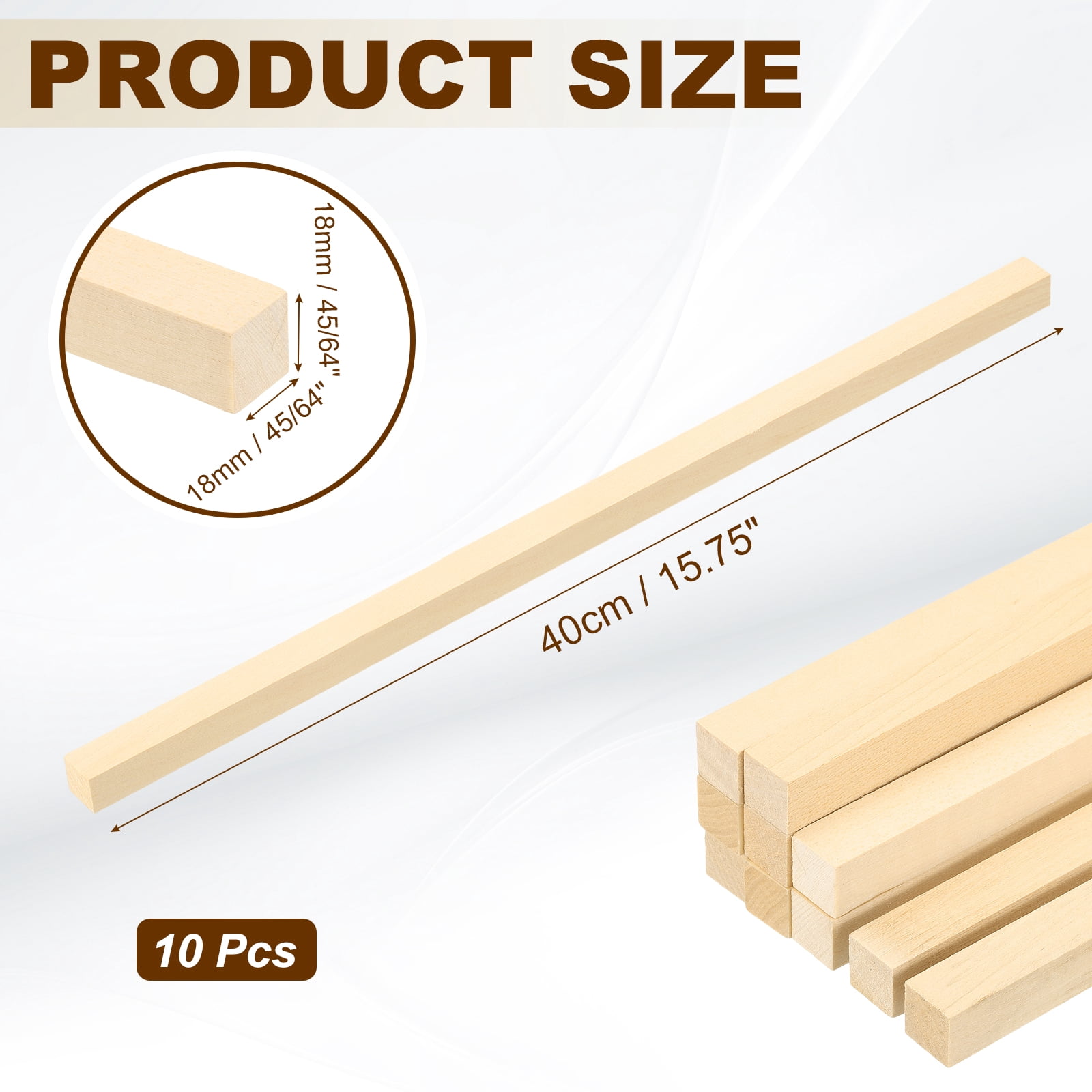 Uxcell 45/64 Inch Dowel Rods Wood Sticks, 10 Pcs 15.7 Inch Long Square Wooden Dowels Unfinished Hardwood Sticks for Craft DIY Supplies