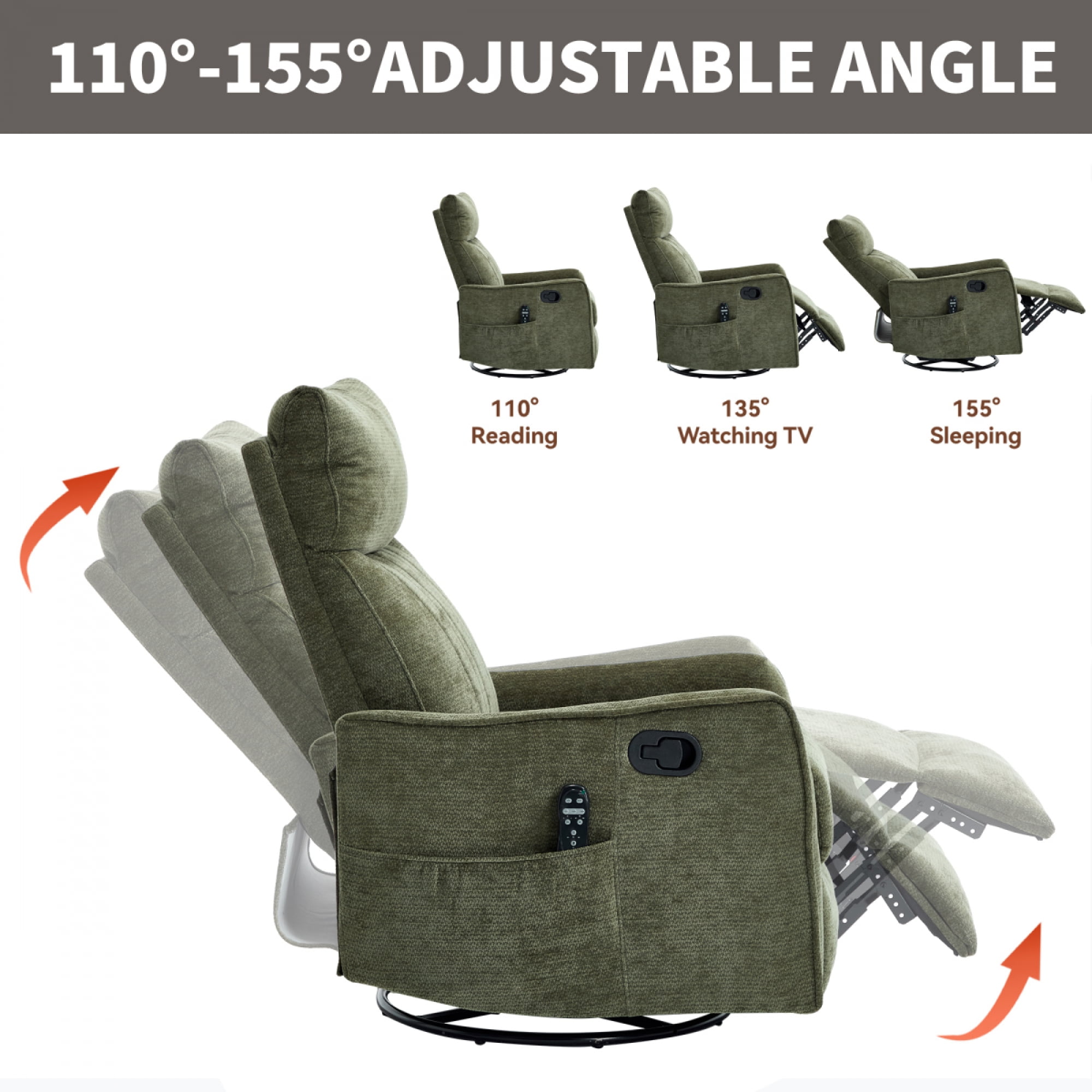 360 Swivel Rocking Recliner Chair for Adults, Nursery Rocking Chair with Heat and Massage, Glider Reclining Chair for Small Space, Living Room, Bedroom (Chenille, Green)