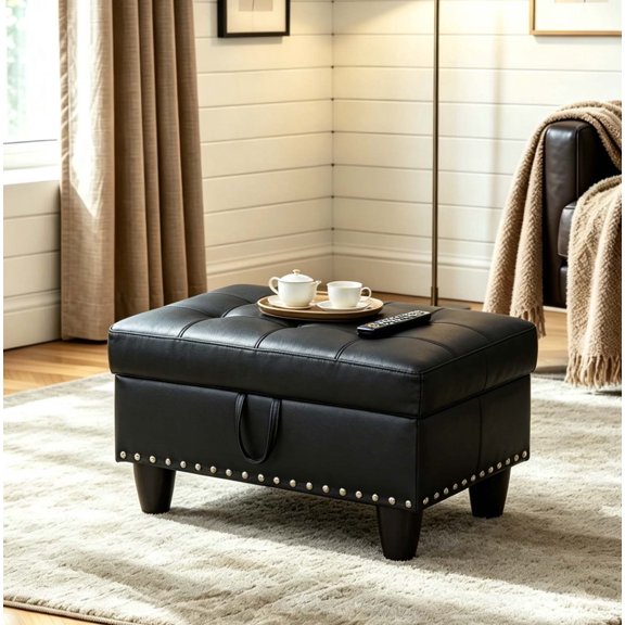 Jiayuan song Modern Black Faux Leather Rectangular Storage Ottoman Large 1-Pack