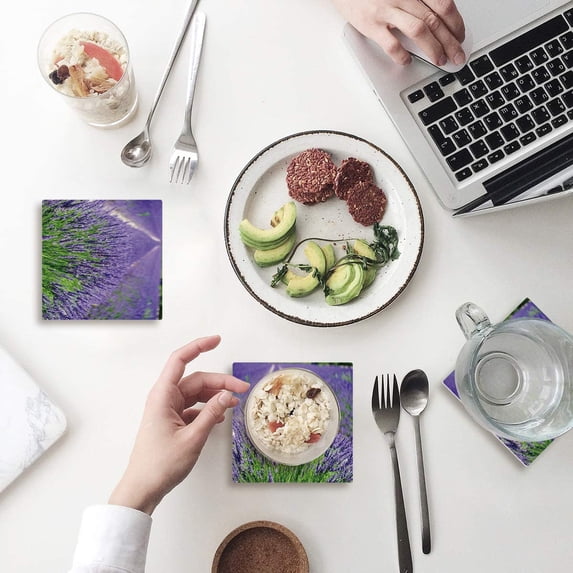 FMSHPON Lavender Garden Set of 8 Coaster for Drinks, Absorbent Ceramic Stone Coasters Cup Mat with Cork Base for Home Kitchen Room Coffee Table Bar Decor