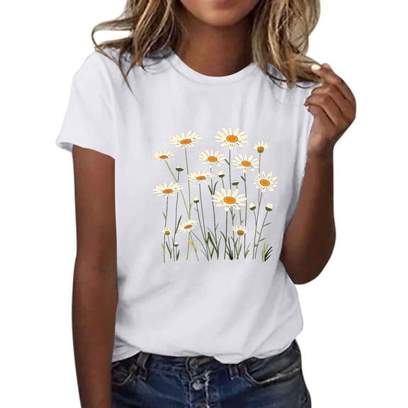 Sexlip Womens Short Sleeve Blouse Multiple Daisies Print Crew Neck Loose Sleeve Soft Fabric Relaxed Silhouette for Daily Leisure White XL