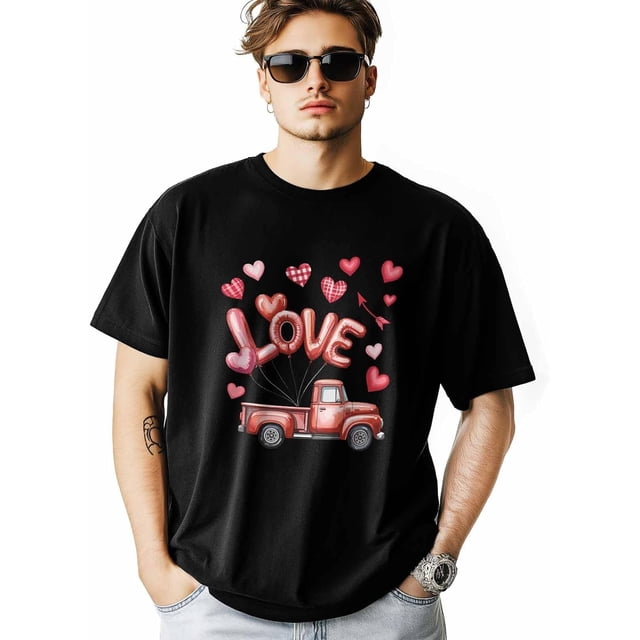 Camisetas para hombre, camiseta de algodón con cuello redondo y diseño de camión de amor para San Valentín, camiseta de manga corta para hombre con diseño de coche de amor con corazón.