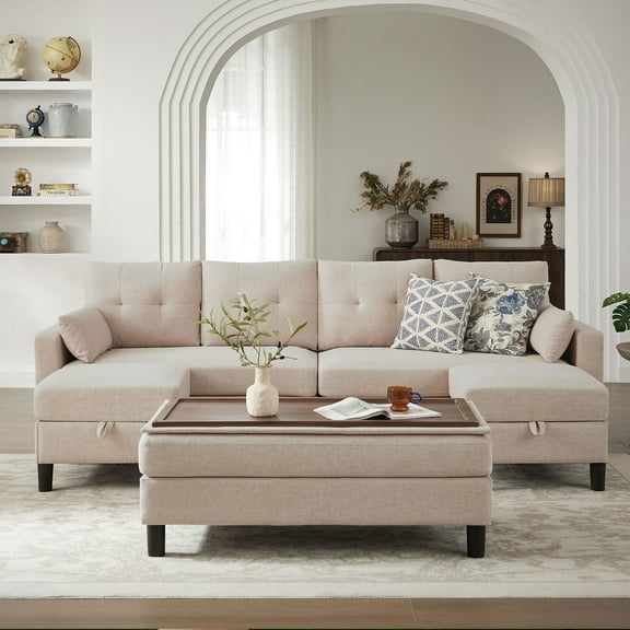Jarenie Chireca Convertible Sectional Sofa with Storage Ottoman and Side Pockets, 4-Seater, Beige