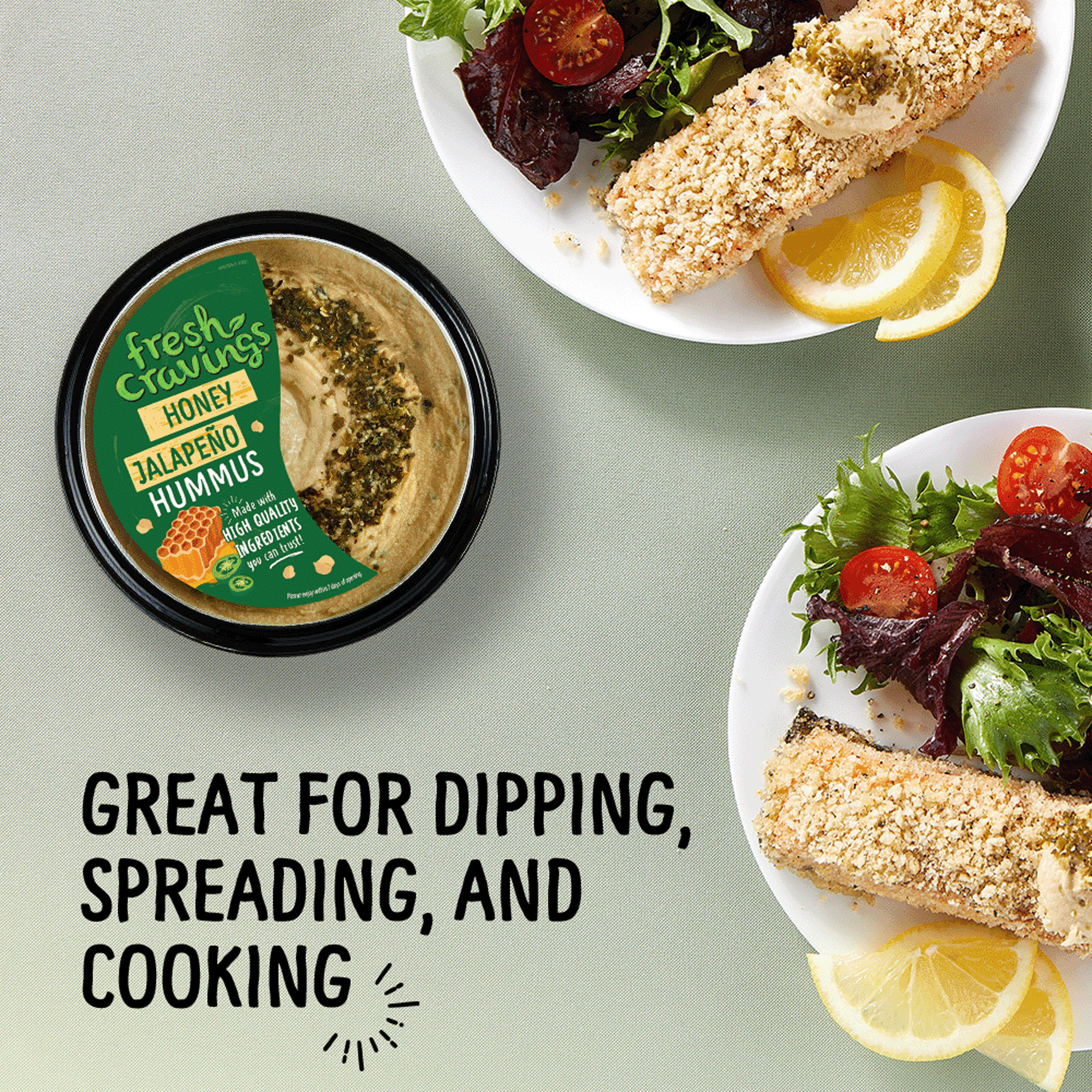 Fresh Cravings Honey Jalapeno Hummus,10 oz. Plastic Tub, Gluten-Free, Dairy-Free, 2 Tbsp (32g), Contains Sesame
