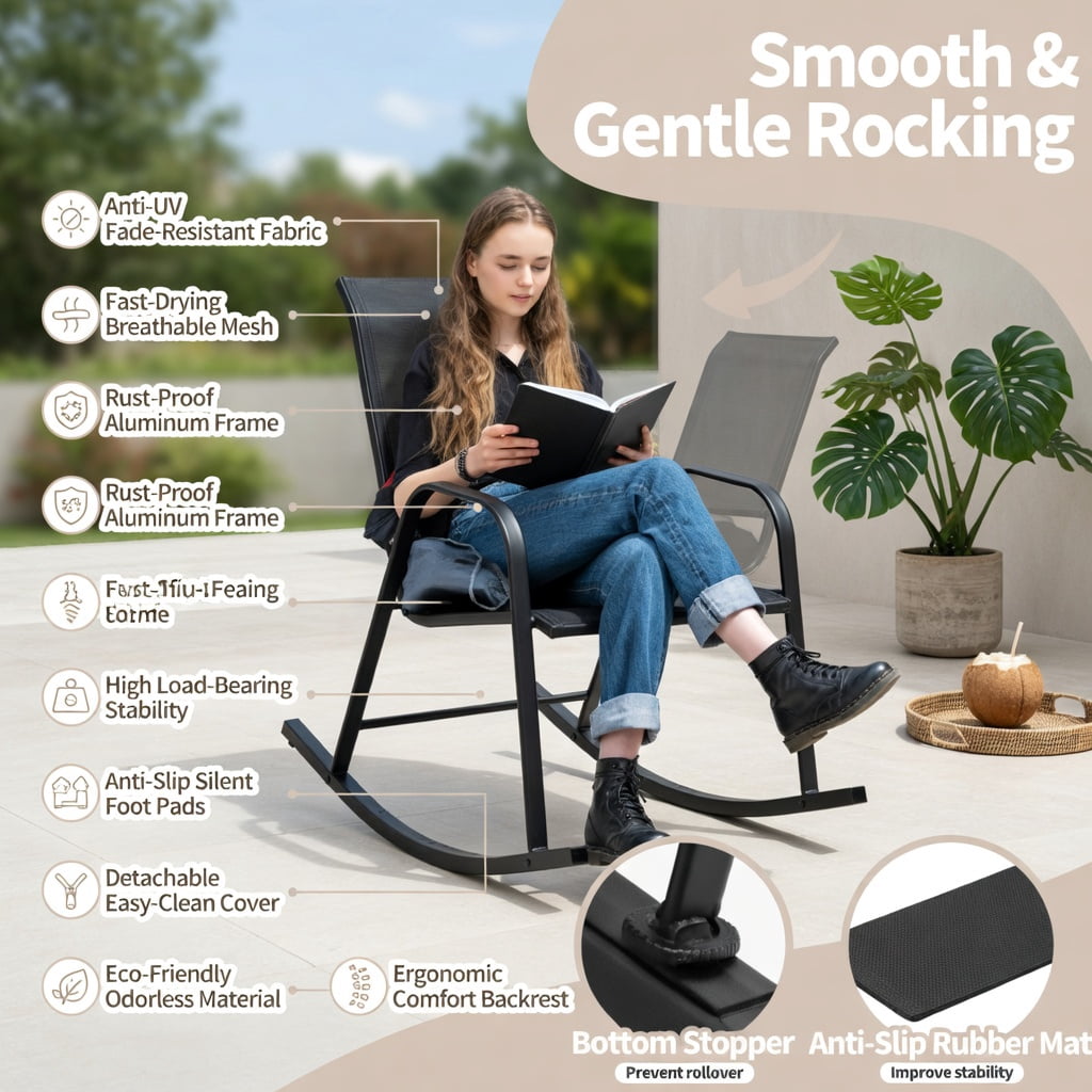 Hommoo 2-Pack Modern Metal Rocking Chairs for Patio, Breathable Fabric Seat, Rust-Resistant Frame, Indoor/Outdoor Use, Black