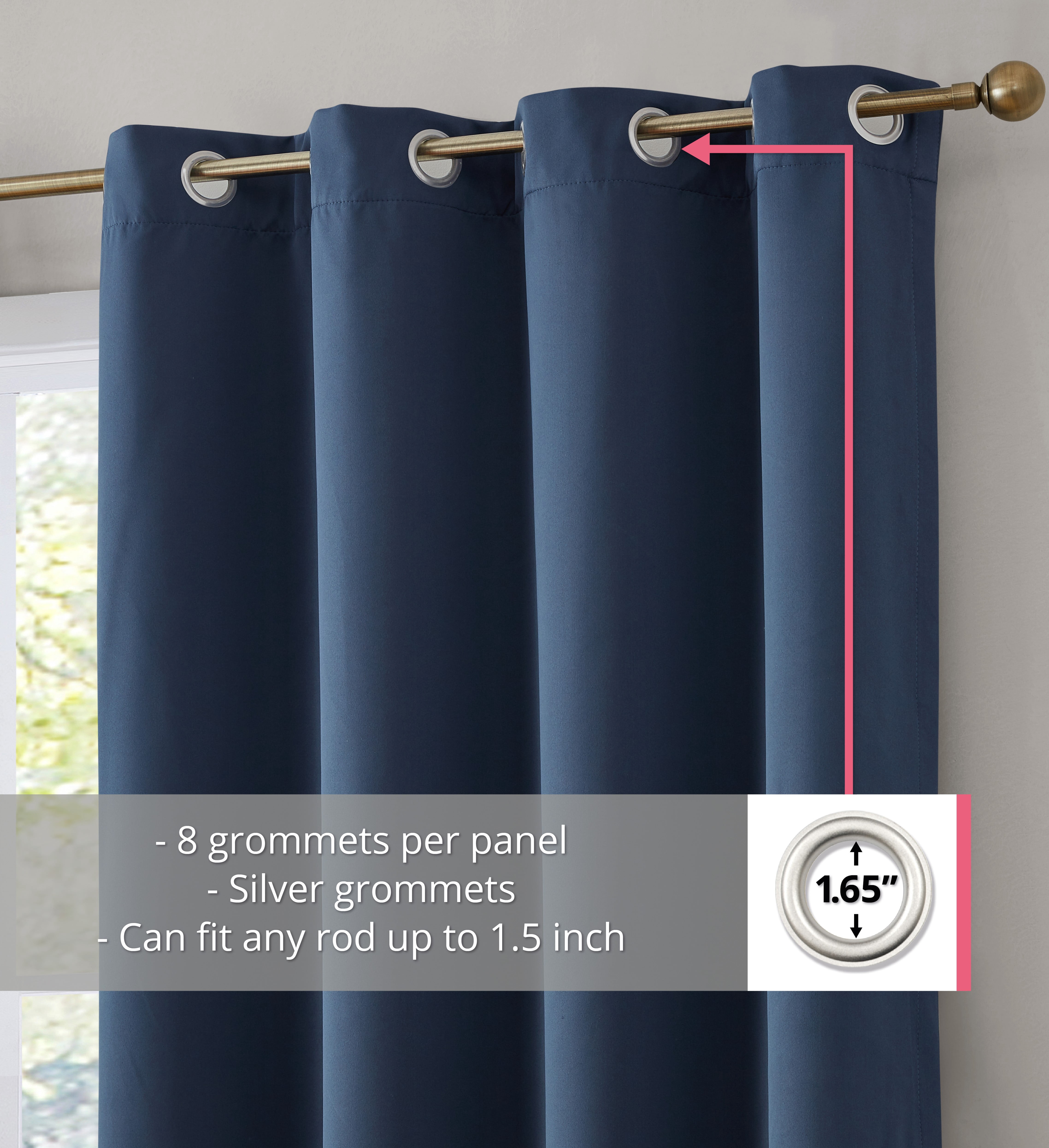 THD Virginia 100% Blackout Grommet Total Privacy Curtain Panels - Window Curtains for Living Room Bedroom - Set of 2 (Navy Blue, 42 W x 84 L)