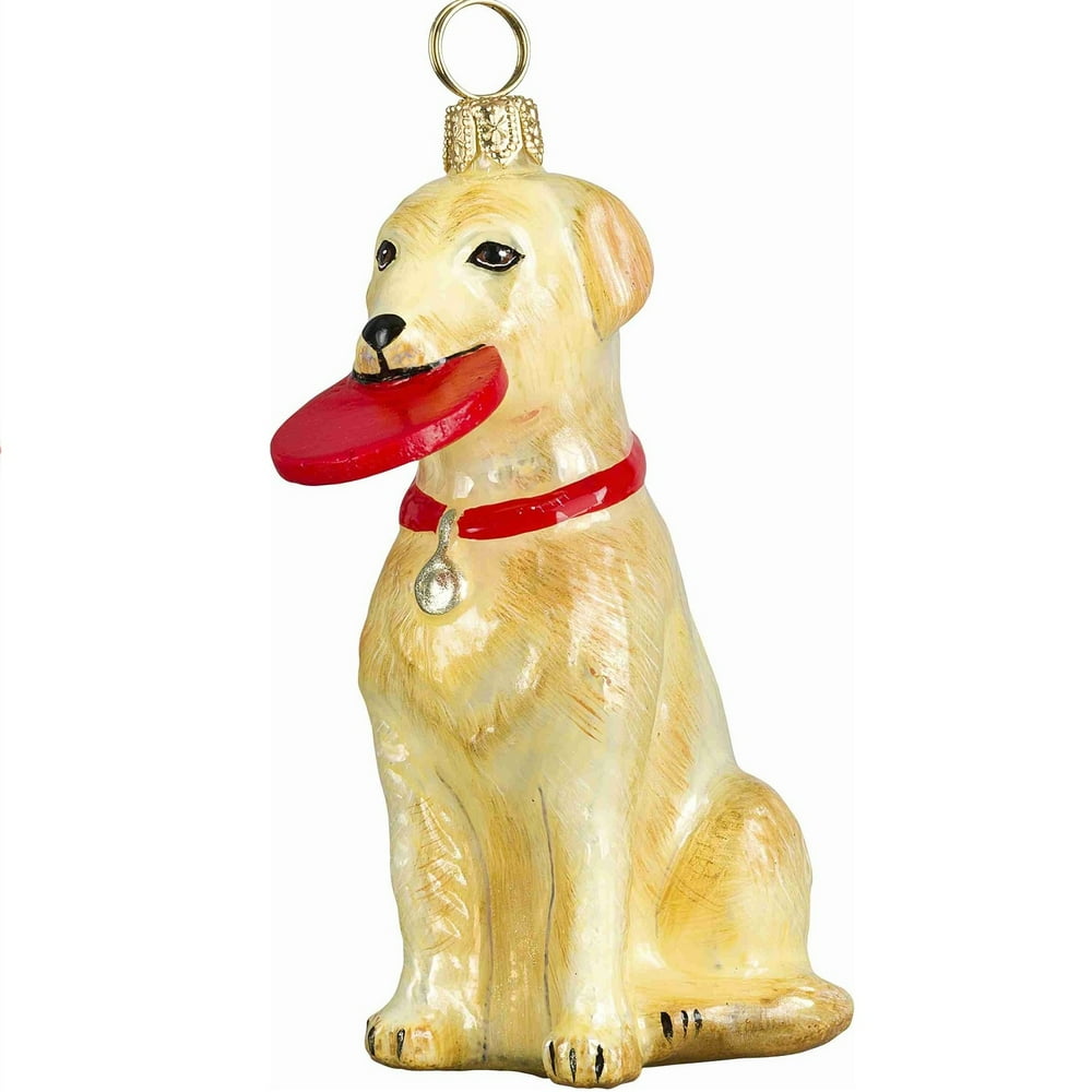 Yellow Labrador Retriever with Frisbee Dog Polish Glass Christmas Ornament Lab