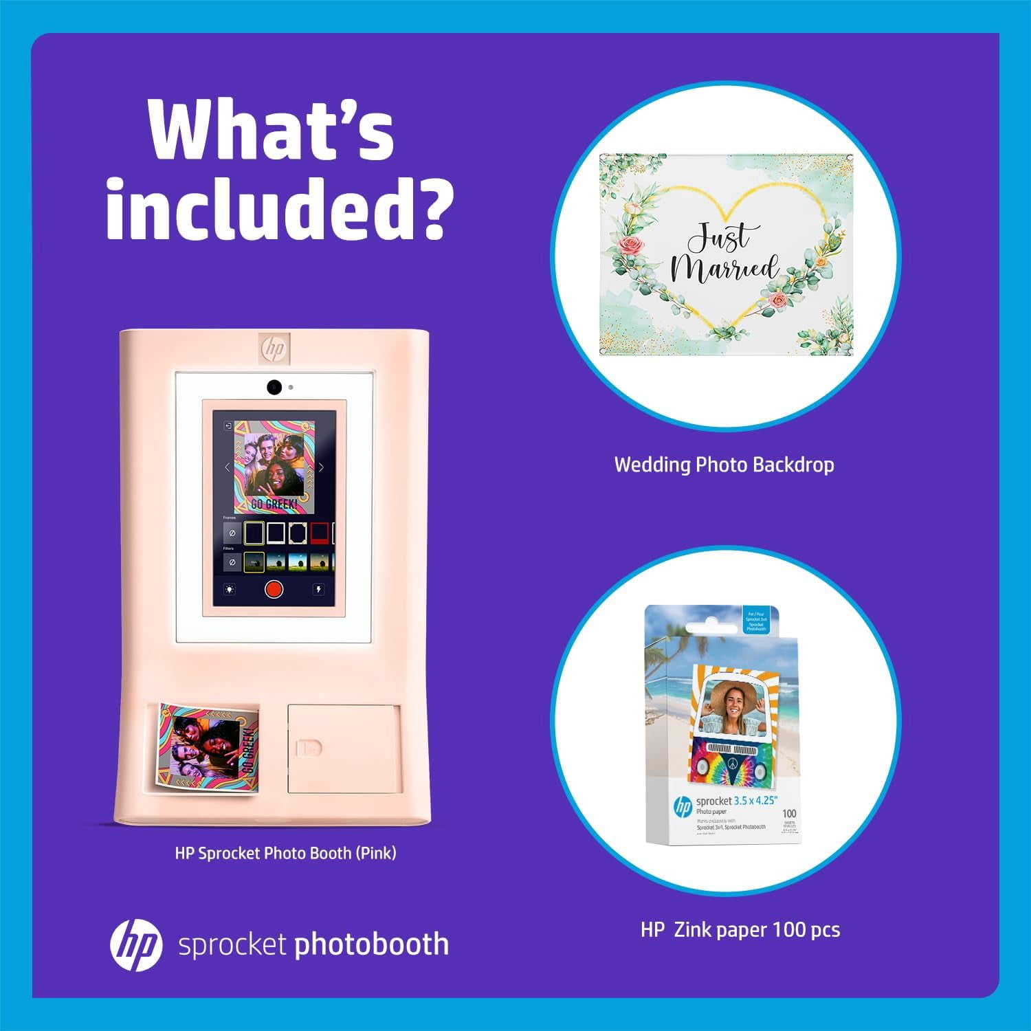 HP Sprocket Photo Booth Printer Bundle with 100 Zink Paper Wedding Backdrop (Pink)