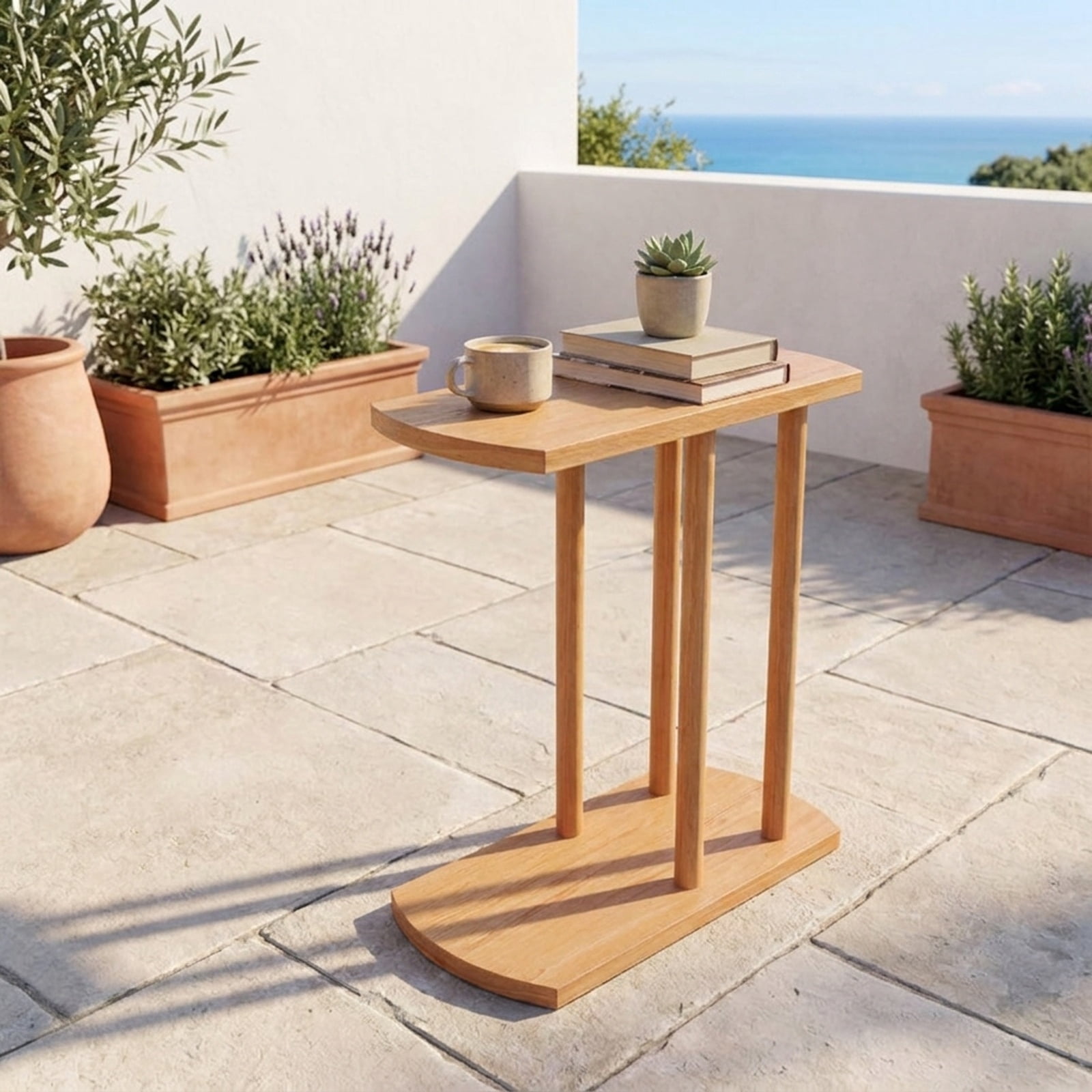 Furnibear Narrow 2 Tier C Shaped Teak Wood Side Table with Thickened Top and Sturdy Base for Sofa Couch Bed and Small Living Room, Natural
