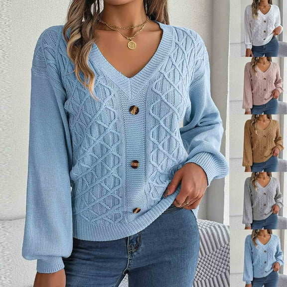 Lovskoo Sweaters for Women Trendy Casual Button Long Sleeve V-Neck Keeping Warm Outing Sweater Blue