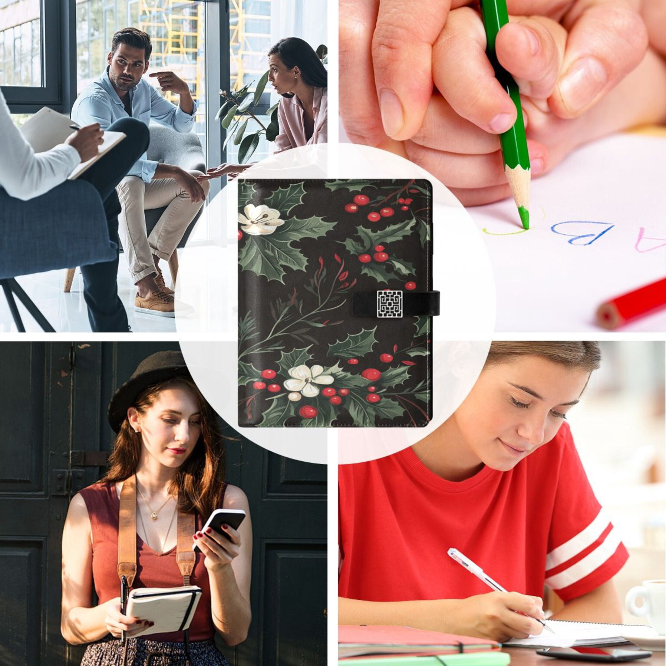 9.2x6.7 inch Leather Notebook 100 Sheets, Multi-Pocket Design & Pen Loop Vintage Floral Ornaments Refillable Journal Organizer