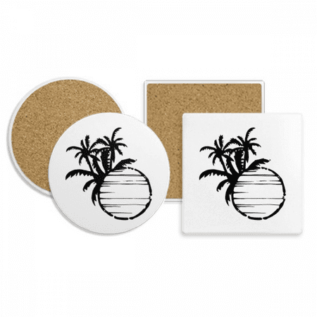 

Black Beach Coconut Tree Outline Coaster Cup Mug Holder Absorbent Stone Cork Base Set