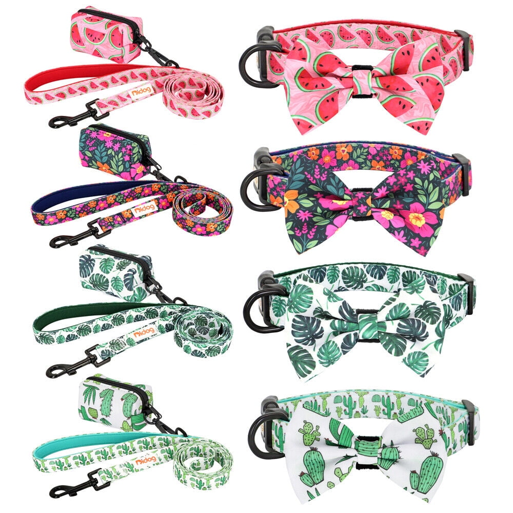 Didog Floral Cute Bowtie Dog Collar & Leash & Poop Bags Holder Adjustabale for Puppy